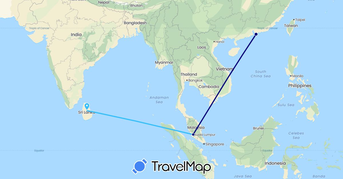 TravelMap itinerary: driving, boat in Hong Kong, Sri Lanka, Malaysia (Asia)